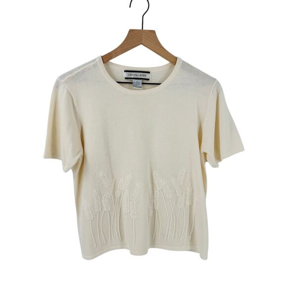 Vintage Crystal Kobe Embroidered Knit Top Short Sleeve Cream Boho Size L Large - Picture 1 of 6